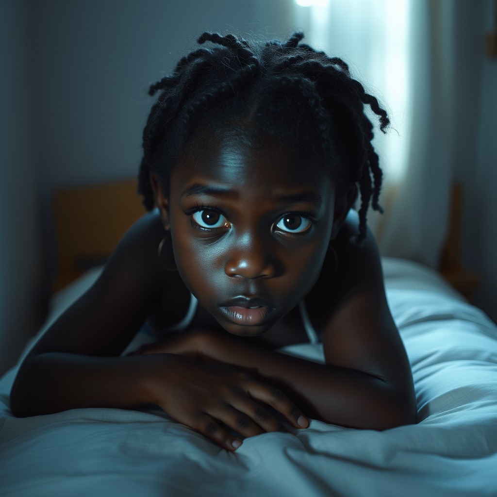 A young black teenage girl lying on a small bed without sheets, her eyes wide open and displaying a sense of being lost