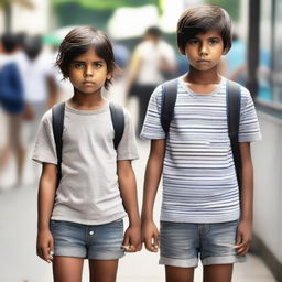 A young boy and girl standing patiently in a queue, in broad daylight, dressed in casual summer clothing.