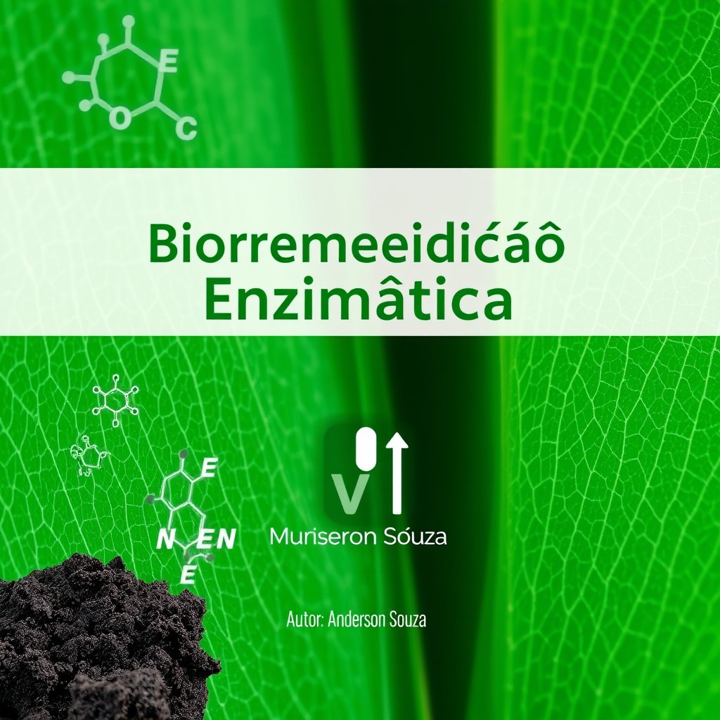 A scientific book cover titled 'Biorremediação Enzimática', featuring a close-up of a green leaf as the background, with fertile soil or clean water droplets to symbolize environmental restoration