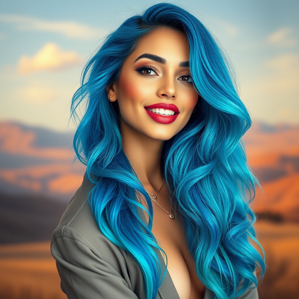 A beautiful blue-haired woman with large, voluptuous lips, striking a confident pose