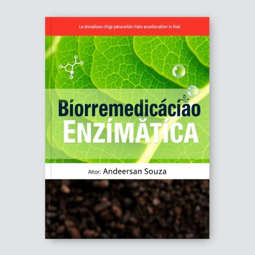 A scientific book cover titled 'Biorremediação Enzimática', showcasing a close-up of a vibrant green leaf as the background, complemented by fertile soil or sparkling clean water droplets symbolizing environmental restoration