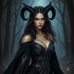 An artistic representation of Lilith, the dark goddess, depicted with striking black horns curving elegantly from her head