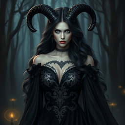 An artistic representation of Lilith, the dark goddess, depicted with striking black horns curving elegantly from her head