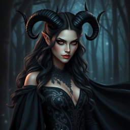An artistic representation of Lilith, the dark goddess, depicted with striking black horns curving elegantly from her head