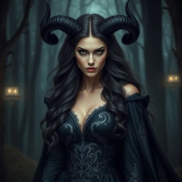 An artistic representation of Lilith, the dark goddess, depicted with striking black horns curving elegantly from her head