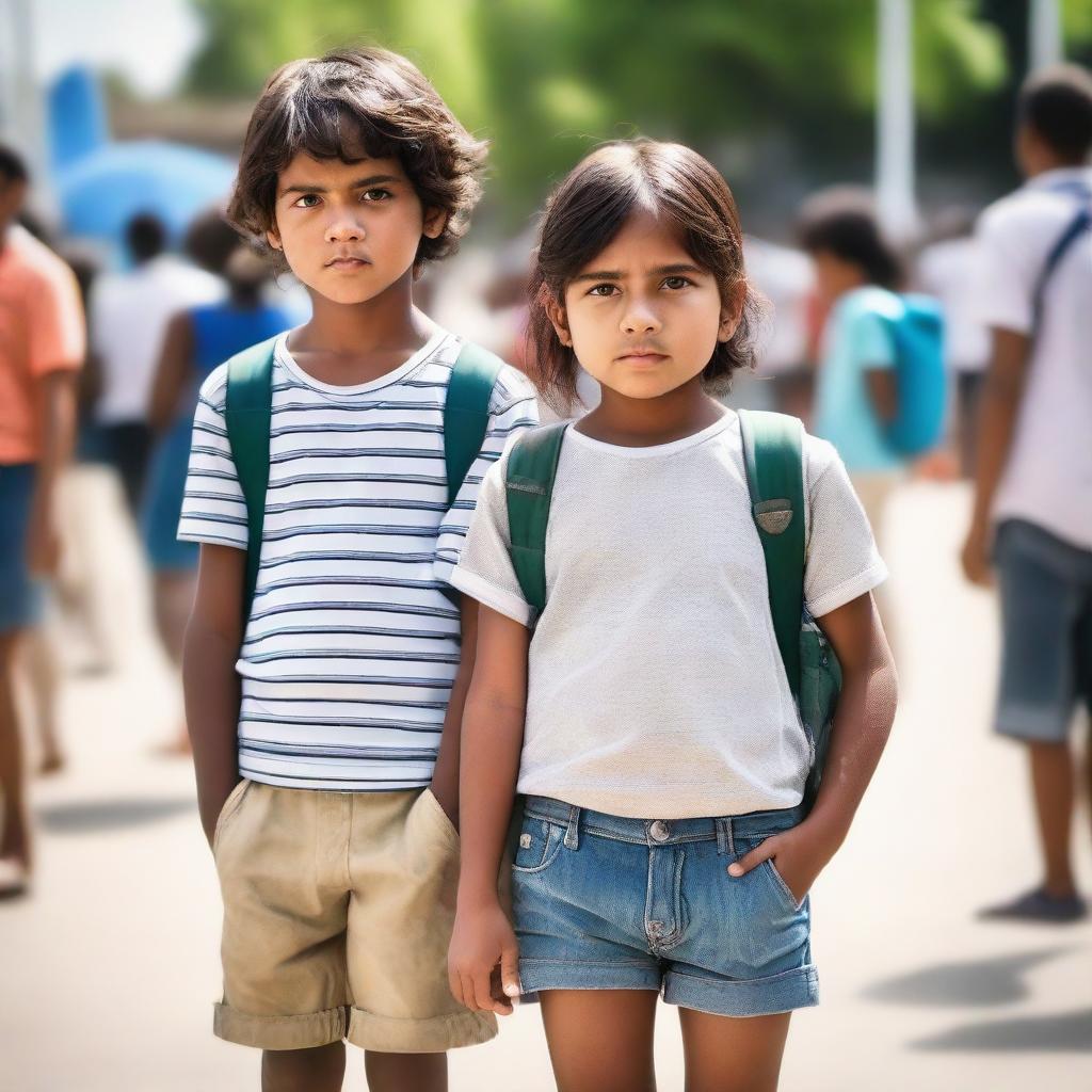 A young boy and girl standing patiently in a queue, in broad daylight, dressed in casual summer clothing.