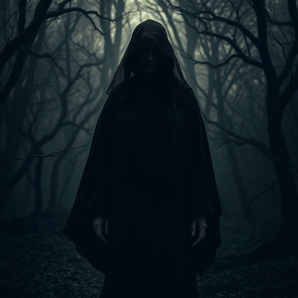 A mysterious shadow witch standing in a dark enchanted forest, wearing a flowing black robe that billows around her