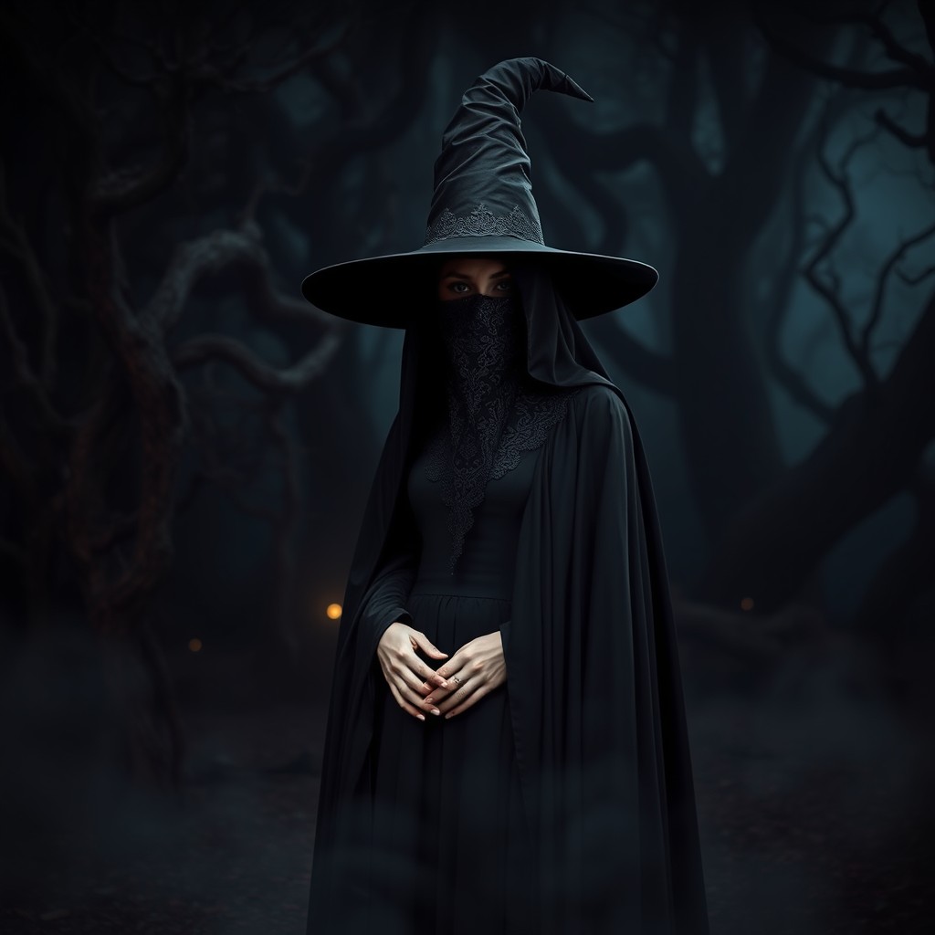 A mysterious shadow witch standing in a dark enchanted forest, wearing a flowing black robe and a tall, pointed witch hat