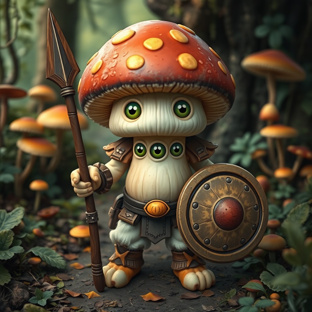 An imaginative mushroom warrior standing tall on a forest floor, with a vibrant cap resembling a large mushroom