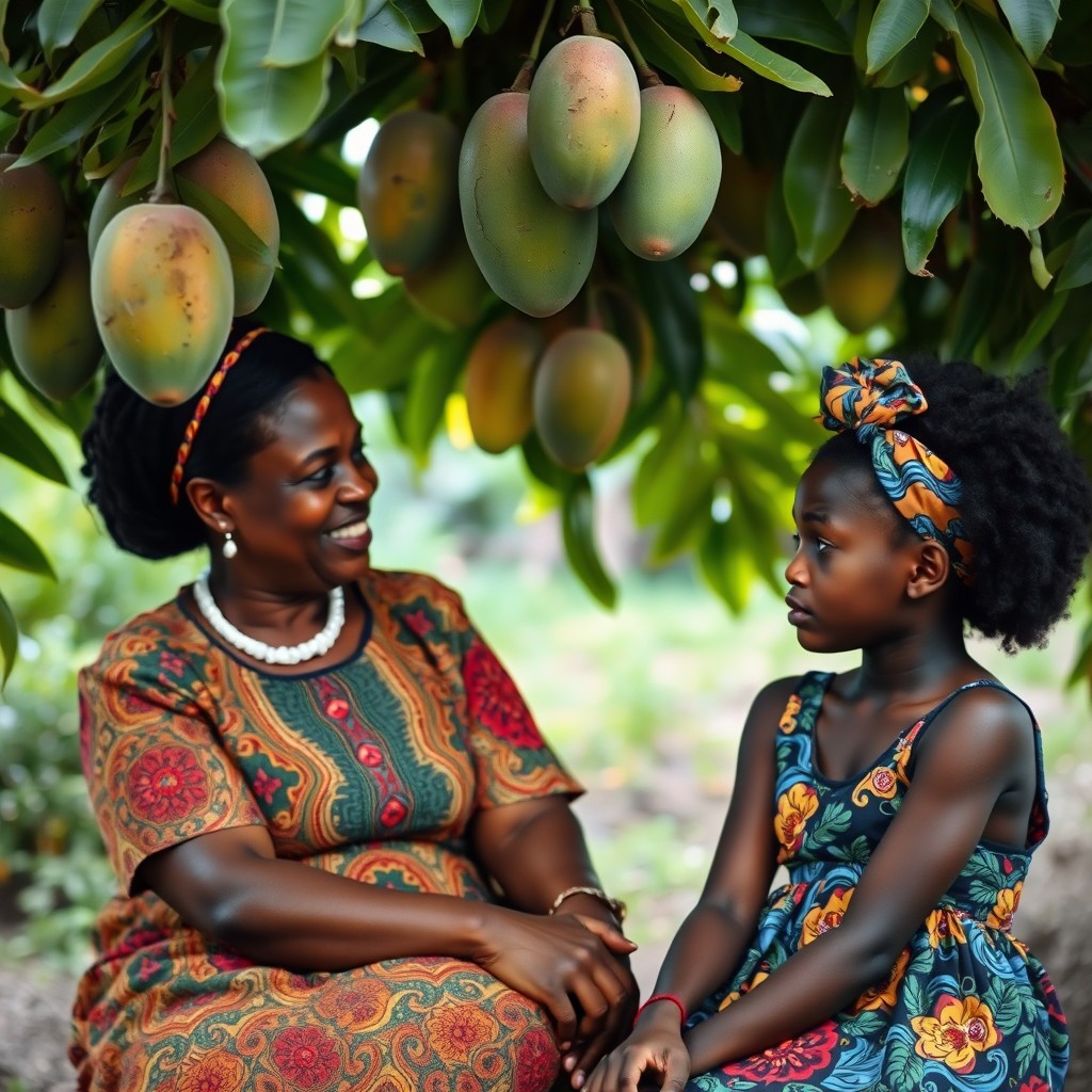 A kind Haitian woman in her 40s wearing a beautifully patterned traditional carabela dress, sitting gracefully under a lush mango tree
