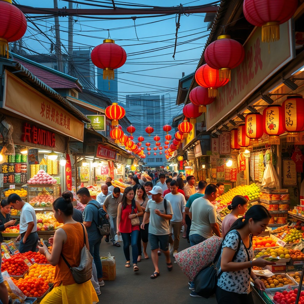 A vibrant and bustling Chinese market scene filled with colorful stalls showcasing traditional crafts, fresh fruits, and local food delicacies
