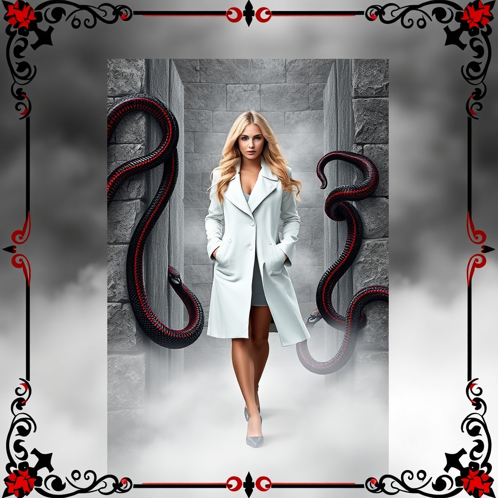 A captivating book cover design featuring a striking blonde woman confidently standing in a mysterious stone labyrinth with grey stone walls that extend into a thick, misty fog
