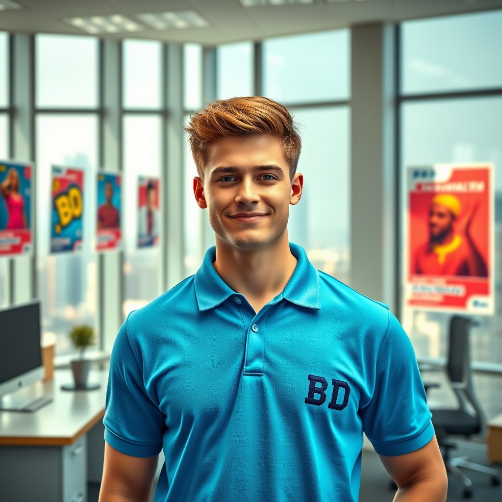 A hyper-realistic image featuring a brash young man confidently standing in an office
