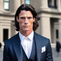 A tall and muscular man with dark blue eyes, white skin, and wavy black hair. He has a less defined jawline and is dressed in a sophisticated suit.