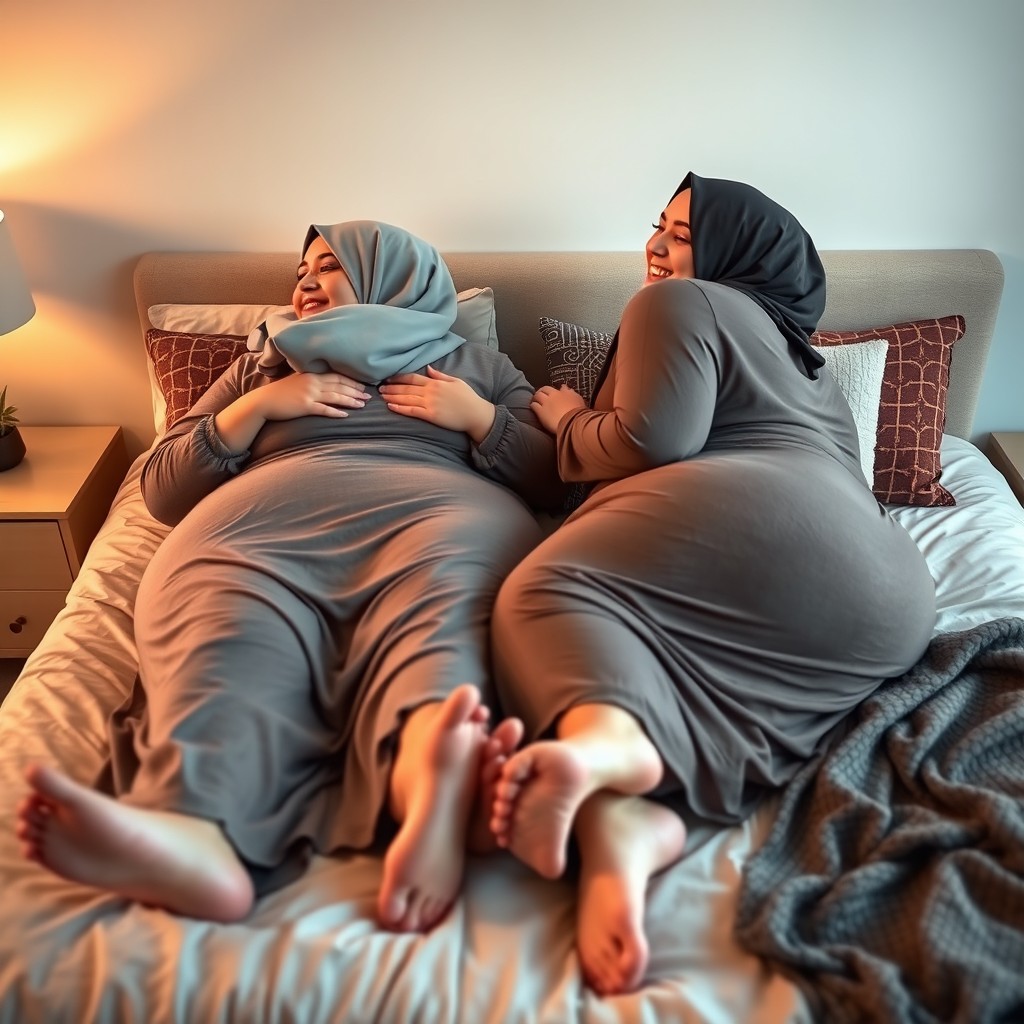 Two plus-sized women wearing hijabs and lounging on a bed, barefoot, with a focus on their large, curvy figures and joyful expressions as they casually touch each other's backs