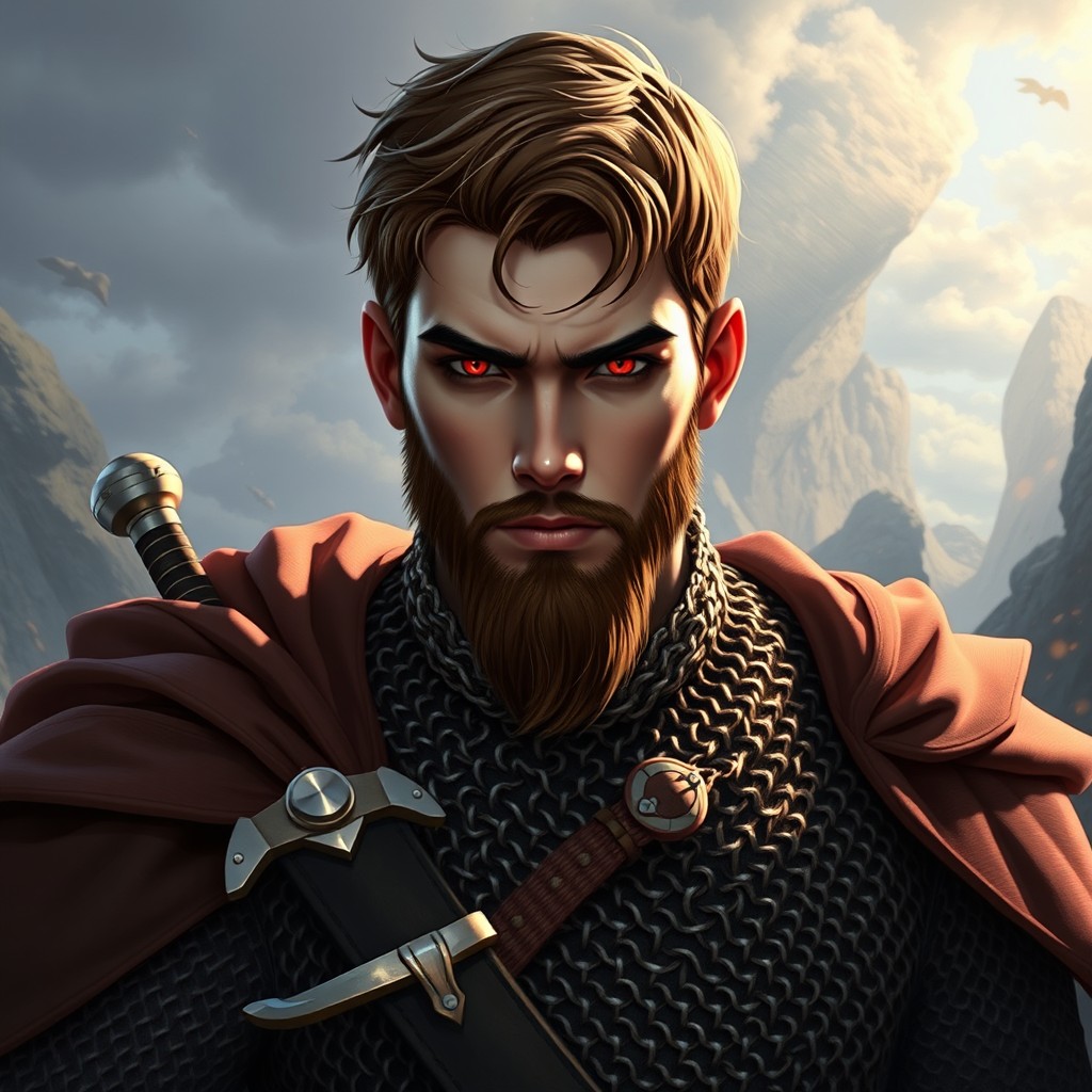 A male human with short brunette hair and a stylish beard, featuring striking red irises and a pale complexion