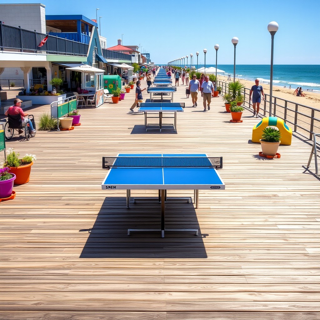 A vibrant boardwalk featuring accessible ping pong tables positioned in the corners, designed for people with disabilities