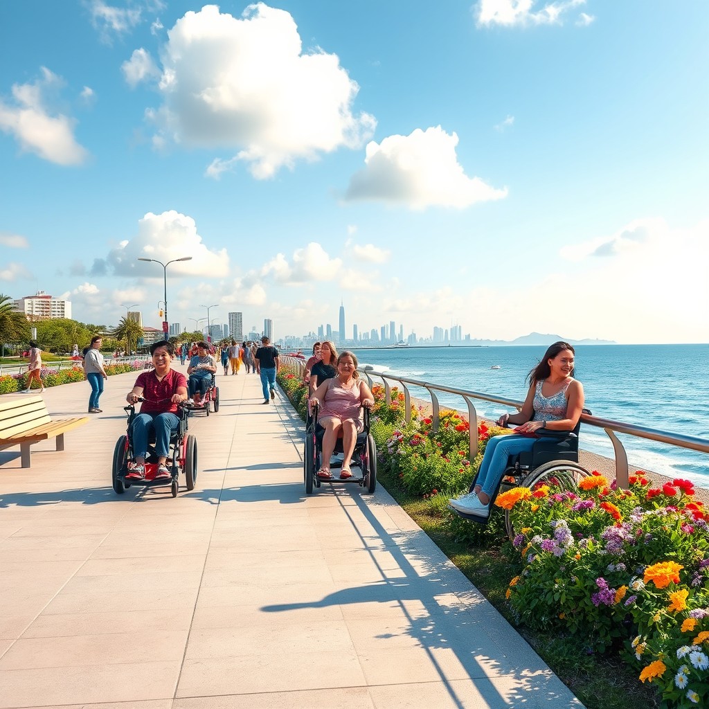 A realistic depiction of a scenic promenade with a beautiful view of the malecón, designed specifically for people with disabilities
