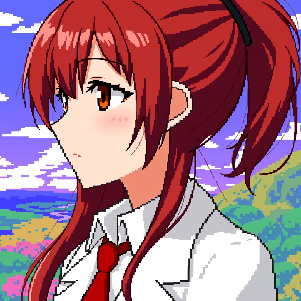 A girl resembling Makise Kurisu from the anime Steins;Gate, featuring a calm expression on her face