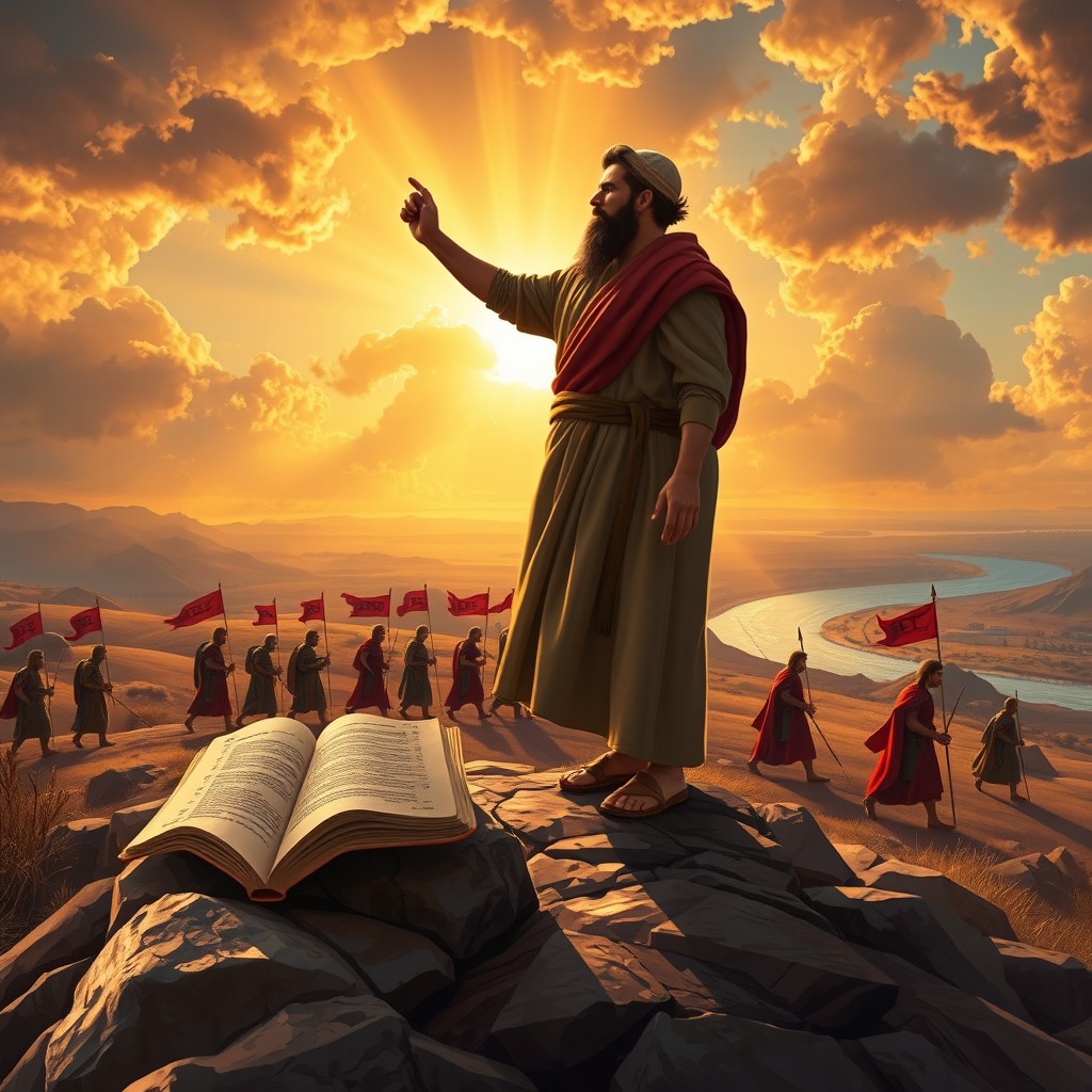 A determined Hebrew man wearing traditional biblical garments, standing on a rocky hilltop at sunset