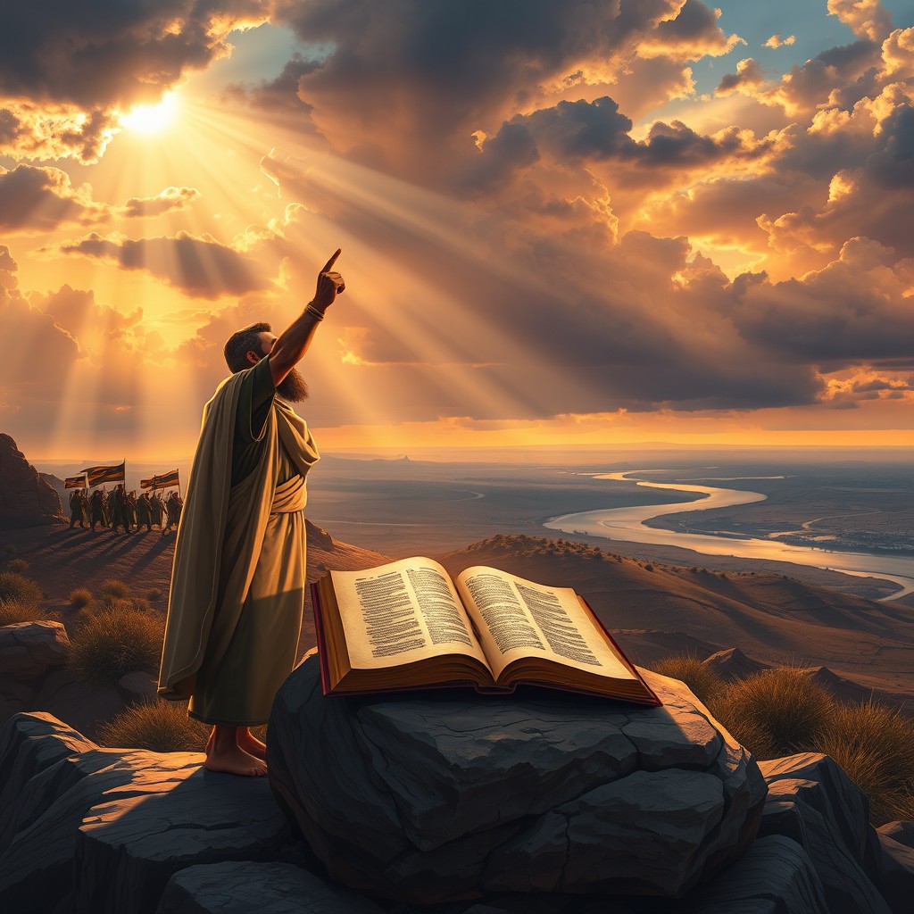 A determined Hebrew man wearing traditional biblical garments stands on a rocky hilltop at sunset, raising his right hand solemnly toward the heavens while his left hand rests on an open Torah scroll placed on a stone