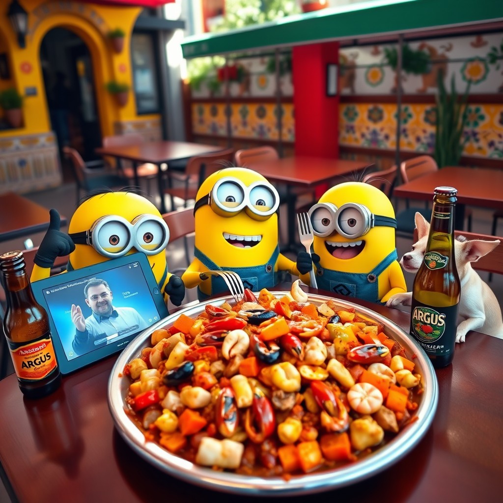 Three cheerful yellow minions enjoying a big plate of colorful paella at a lively restaurant in Spain