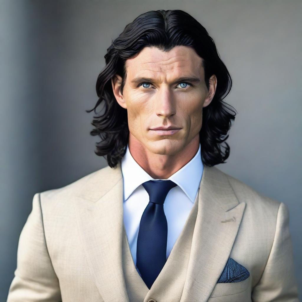 A tall and muscular man with dark blue eyes, white skin, and wavy black hair. He has a less defined jawline and is dressed in a sophisticated suit.