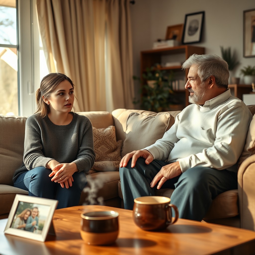 A cozy living room scene featuring Léna, a serious young woman, speaking earnestly to her parents
