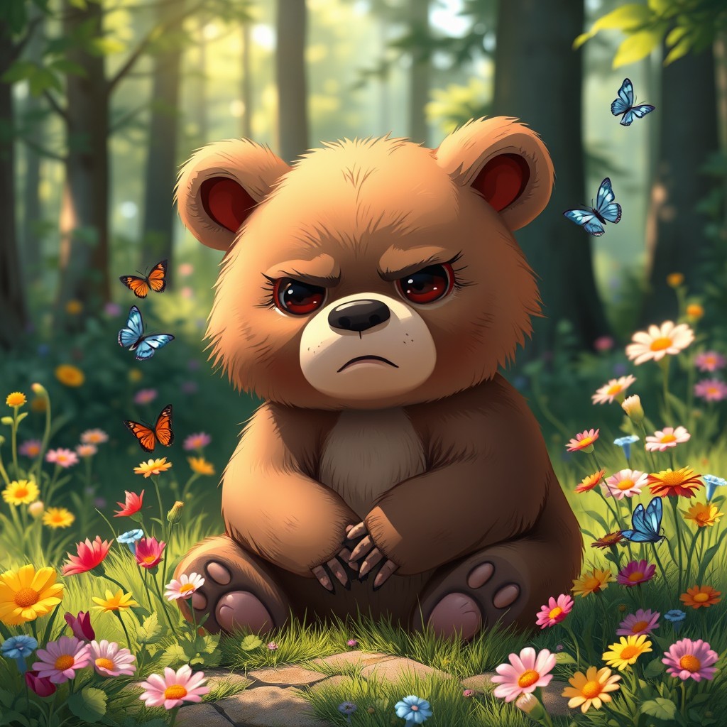 A cute but grumpy bear sitting in a forest clearing, surrounded by colorful wildflowers and lush greenery