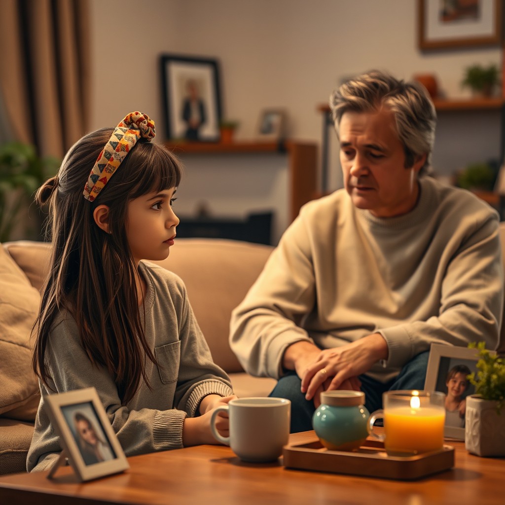 In a cozy living room scene, Léna, a serious 13-year-old girl with natural long hair adorned with a colorful headband, is speaking earnestly to her parents