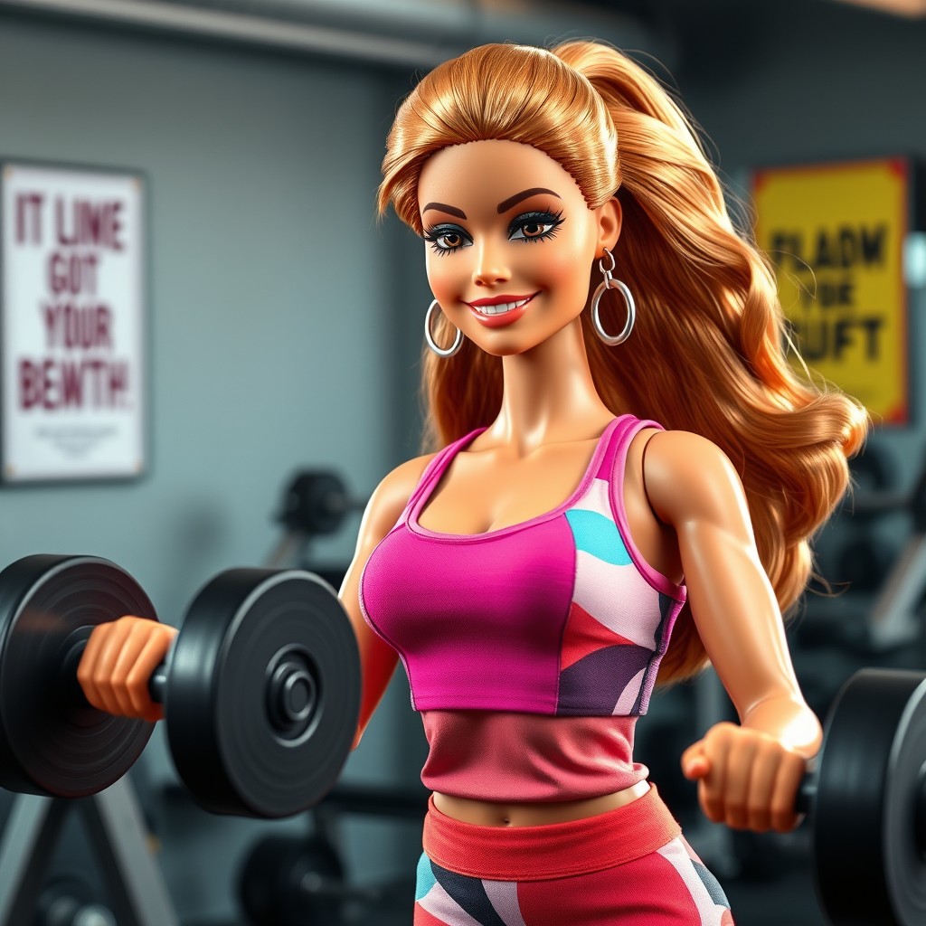 A dynamic scene of a Barbie doll realistically depicted with wrinkles, lifting weights in a gym setting