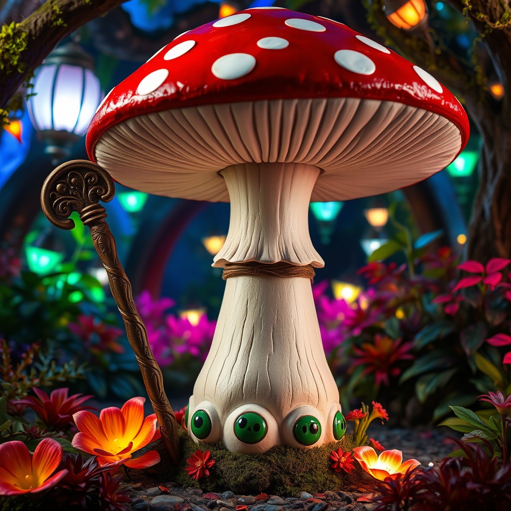 A whimsical, fantastical mushroom, large and vibrant, adorned with a staff that has intricate carvings