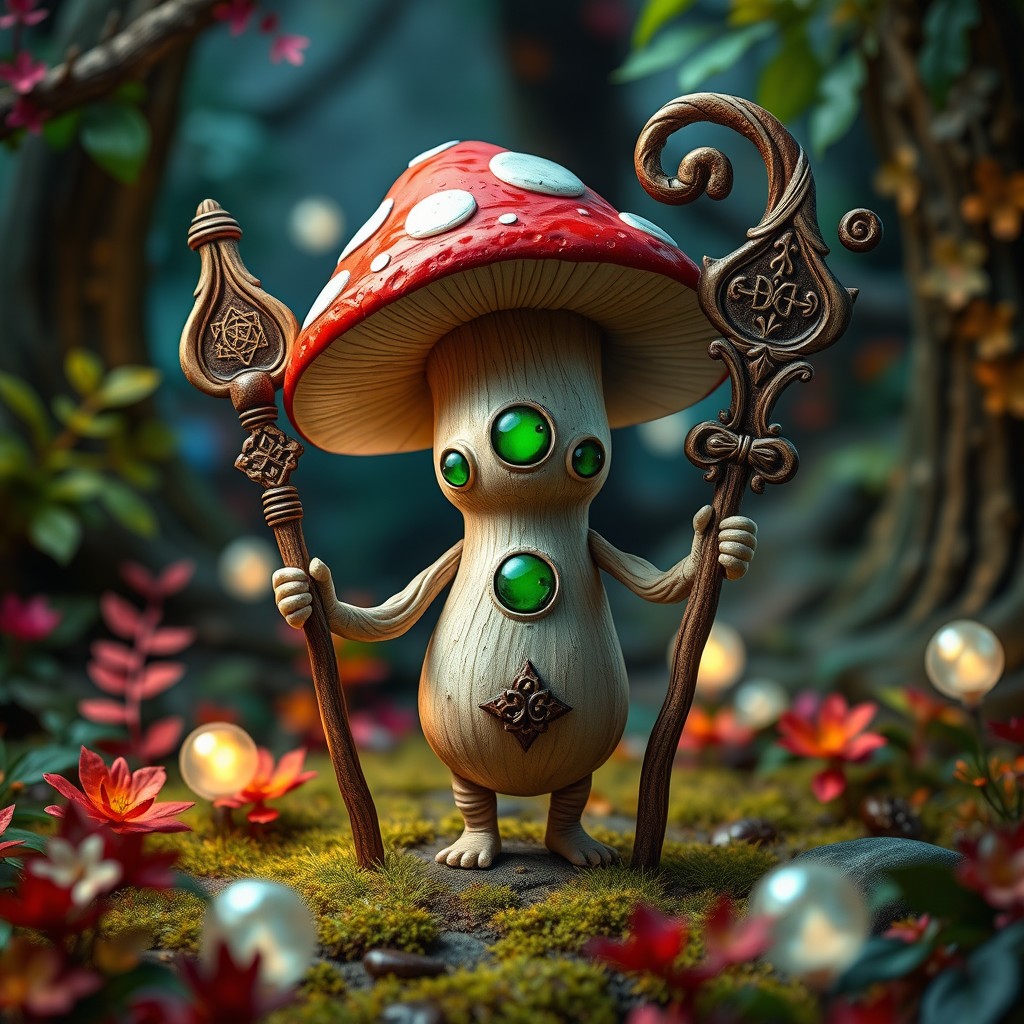 A whimsical mushroom mage, standing upright with arms and legs, crafted from the mushroom's body