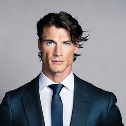 A tall and muscular man with dark blue eyes, white skin, and wavy black hair. He has a less defined jawline and is dressed in a sophisticated suit.