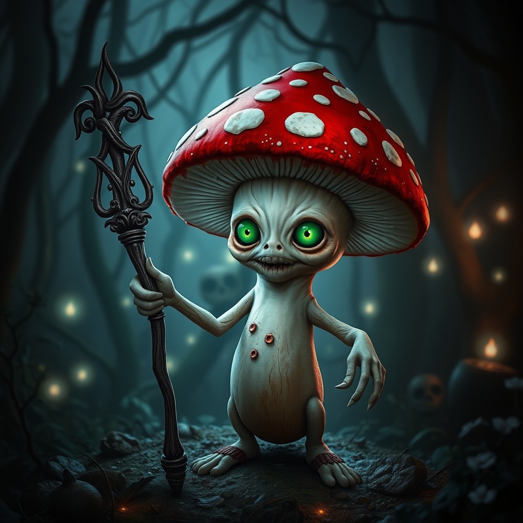 A unique and slightly eerie mushroom mage, standing upright with arms and legs, formed from the body of the mushroom