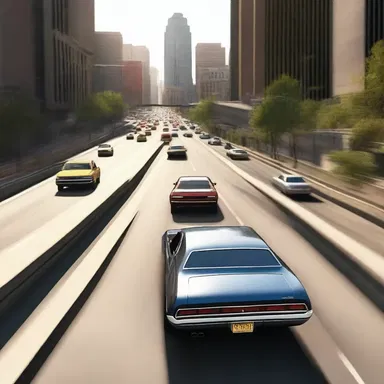 In the epic car chase scene, the protagonist skillfully navigates the dual-lane highway, maneuvering between oncoming traffic and obstacles.