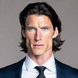 A tall and muscular man with dark blue eyes, white skin, and wavy black hair. He has a less defined jawline and is dressed in a sophisticated suit.