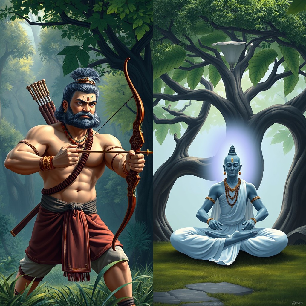 A split scene showing two contrasting aspects of life: on the left side, the legendary Dronacharya, a muscular and stern-looking warrior with a focused expression, is teaching archery to royal princes in a lush, green forest arena
