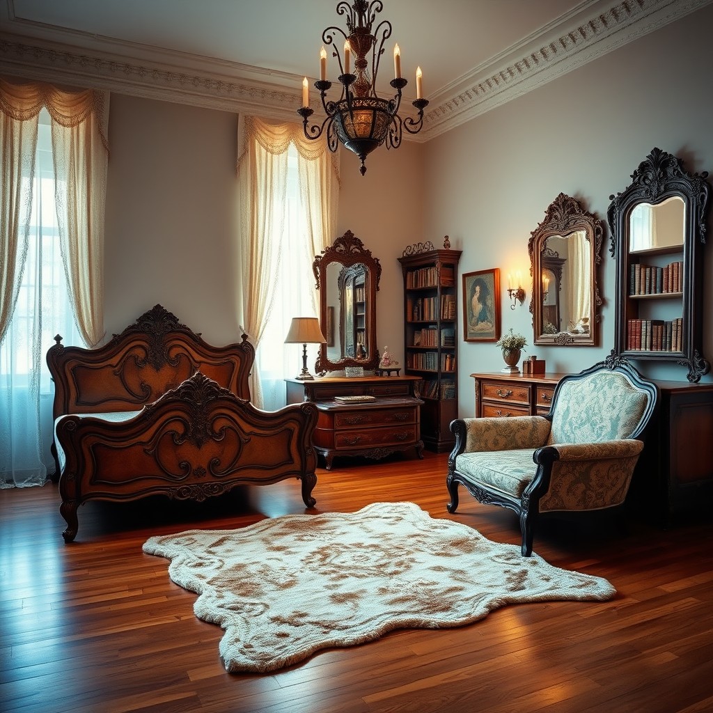 An empty bedroom featuring exquisite antique furniture, including a vintage wooden bed with intricate carvings, a classic dresser with brass handles, and a decorative vintage armchair