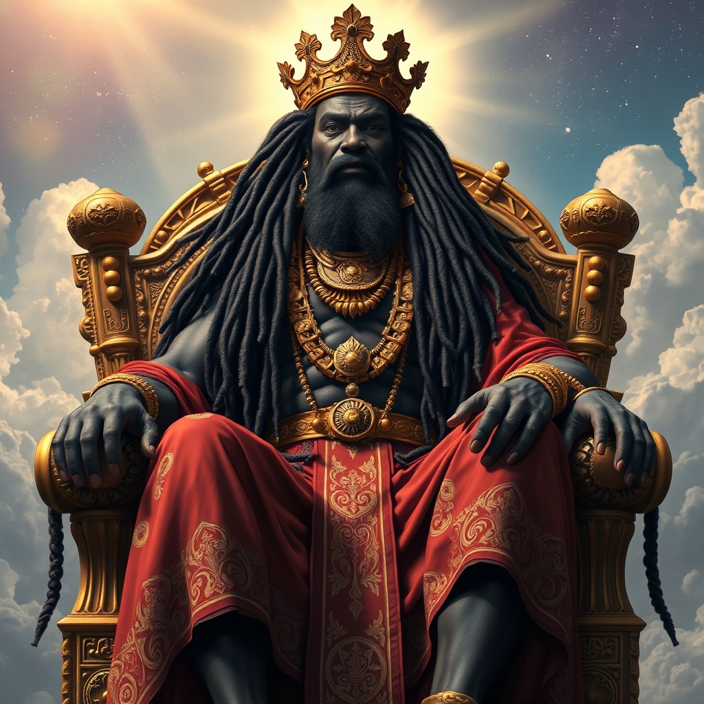 A powerful black god sitting majestically on a throne, exuding confidence and authority
