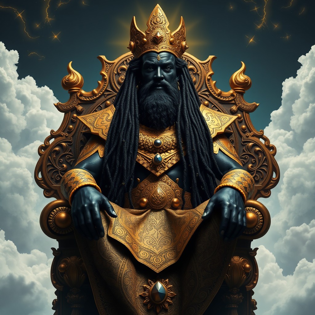 A majestic black god sitting on an ornate throne, exuding an aura of power and divinity