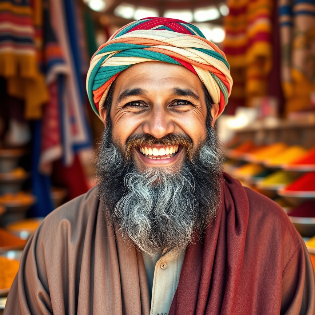 A cheerful middle-aged Arab man with a thick beard and a colorful turban smiling broadly