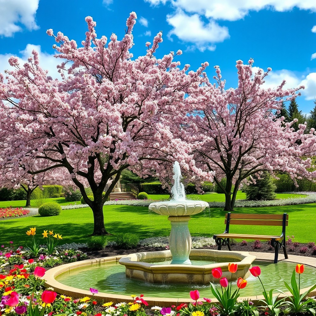 A serene landscape featuring a picturesque garden in full bloom, with cherry blossom trees gently swaying in the breeze, their pink petals glistening in the sunlight