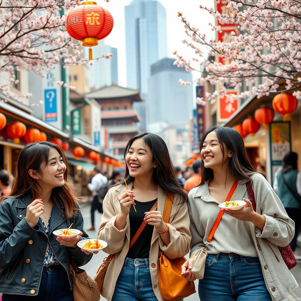 A vibrant street scene in a bustling Asian city, showcasing three young Asian women laughing and enjoying their day
