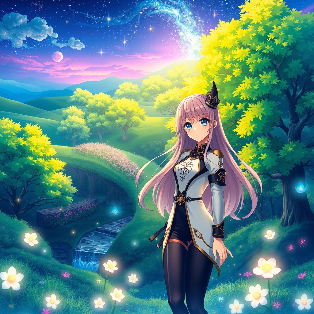 An enchanting fantasy scene, featuring a vibrant, mystical forest filled with lush green trees and luminescent flowers