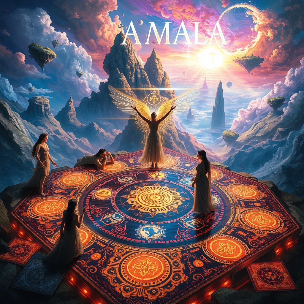 A captivating and surreal artwork depicting a mystical board game titled 'Aposta da Alma: O Jogo que Nunca Acaba'