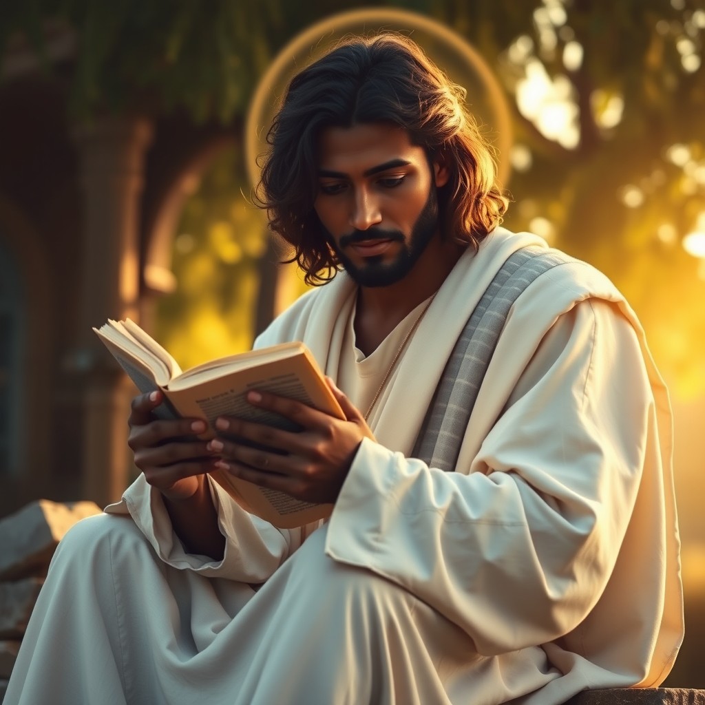 Yahshua HaMashiach depicted as a man with dark brown skin like an African, featuring wavy loose hair with a European texture