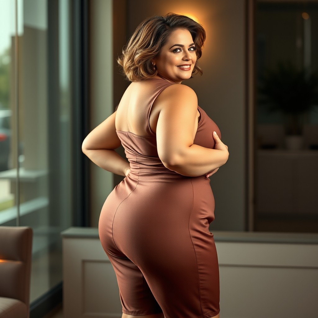 A mature plus-size woman posing confidently, showcasing her curves in a flattering outfit that accentuates her silhouette