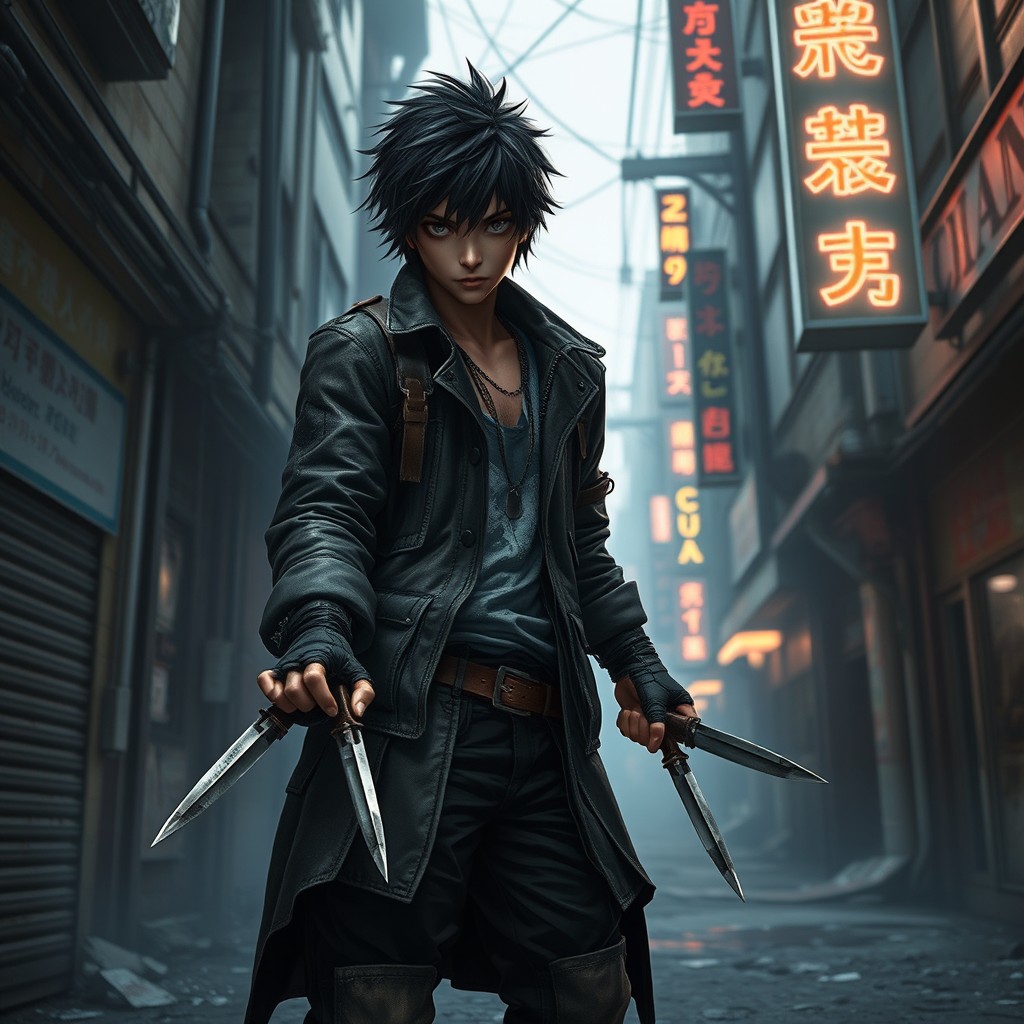 A rogue survivor in a dystopian urban RPG, inspired by Arisu from Alice in Borderland but with a gritty Western/Japanese aesthetic