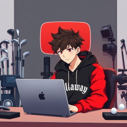 A stylish 18-year-old anime boy sitting in front of a computer desk, wearing a striking black and red hoodie emblazoned with the Channel Name 'Callaway'